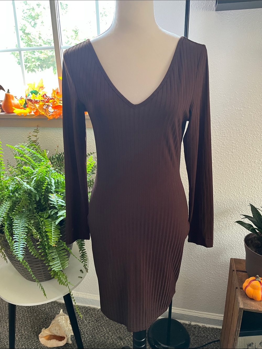 Women's Brown Ribbed V-Neck Long Sleeve Dress